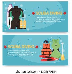 Scuba diving center set of banners vector illustration. Diver wetsuit, scuba mask, snorkel, fins, lifebuoy, flippers icons. Underwater activity diving equipment and accessories.