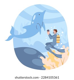 Scuba diving. Character in diving mask swimming in sea or ocean, observing coral reef. Diver watching marine flora and fauna. Underwater recreational activity or sport. Flat vector illustration.