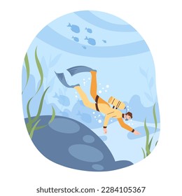 Scuba diving. Character in diving mask swimming in sea or ocean, observing coral reef. Diver watching marine flora and fauna. Underwater recreational activity or sport. Flat vector illustration.