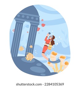 Scuba diving. Character in diving mask swimming in sea or ocean, observing coral reef. Diver watching marine flora and fauna. Underwater recreational activity or sport. Flat vector illustration.