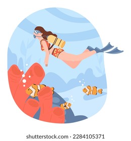 Scuba diving. Character in diving mask swimming in sea or ocean, observing coral reef. Diver watching marine flora and fauna. Underwater recreational activity or sport. Flat vector illustration.