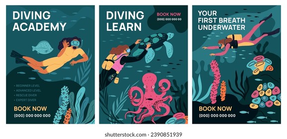 Scuba diving class cards. Advertising banners design. Underwater swimming training. People exploring seabed and admiring corals. Divers course booking. Octopus and turtle