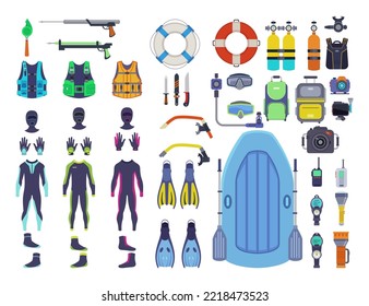 Scuba Diving Clothes And Equipment Vector Illustrations Set. Collection Of Gear For Diving, Snorkeling Mask, Oxygen Tanks, Flippers, Wetsuit, Boat Isolated On White Background. Sports Concept