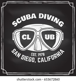 Scuba diving club badge on the chalkboard. Vector illustration. Concept for shirt or logo, print, stamp or tee. Vintage typography design with diving mask silhouette.