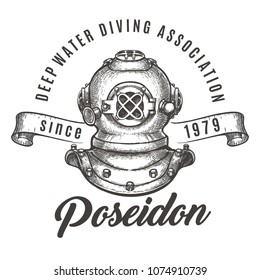 Scuba diving Club label. Diving helmet and ribbon. Vector illustration.
