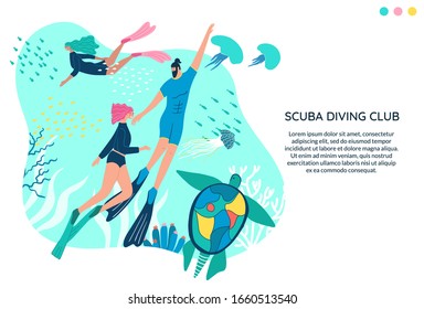 Scuba diving club vector banner with space for text. People swimming in ocean. Woman and man in a wetsuit or swimsuit snorkeling and exploring sea ​​bottom, fishes, corals, turtles. Water sports.