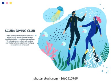 Scuba diving club vector banner with space for text. People swimming in ocean. Woman and man in a wetsuit or swimsuit snorkeling and exploring sea ​​bottom, fishes, corals, turtles. Water sports.