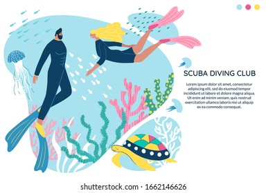 Scuba diving club vector banner with space for text. People swimming in ocean. Woman and man in a wetsuit or swimsuit snorkeling and exploring sea ​​bottom, fishes, corals, turtles, jellyfish. 