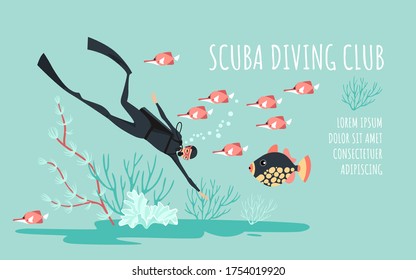 Scuba Tauchclub Vektorbanner-Vorlage mit Taucher umgeben von Fisch, Algen und Korallen. Cartoon-Illustration im flachen Stil.