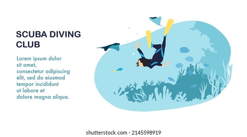 Scuba diving club vector banner template with a diver surrounded by fish, algae and stingray. Cartoon illustration in a flat style.