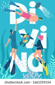 Scuba diving club vector illustration with letters on the background. People swimming in ocean. Woman and man in a wetsuit or swimsuit snorkeling and exploring sea ​​bottom.