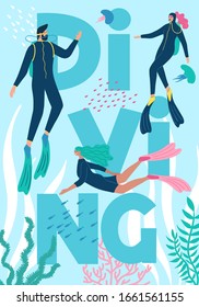 Scuba diving club vector illustration with letters on the background. People swimming in ocean. Woman and man in a wetsuit or swimsuit snorkeling and exploring sea ​​bottom.
