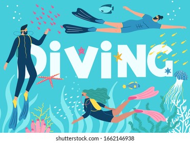 Scuba diving club vector illustration with letters on the background. People swimming in ocean. Woman and man in a wetsuit or swimsuit snorkeling and exploring sea ​​bottom.