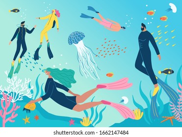 Scuba diving club vector illustration with 
underwater world on the background. People swimming in ocean. Women and men in a wetsuit or swimsuit snorkeling and exploring sea ​​bottom.