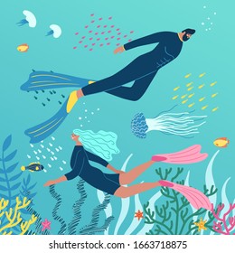 Scuba diving club vector illustration with 
underwater world on the background. People swimming in ocean. Woman and man in a wetsuit or swimsuit snorkeling and exploring sea ​​bottom.