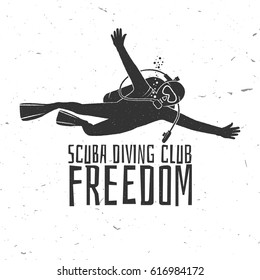 Scuba diving club. Vector illustration. Concept for shirt or logo, print, stamp or tee. Vintage typography design with diver silhouette. Dive club logo template. 