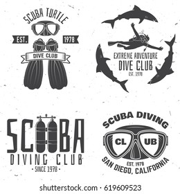 Scuba diving club. Vector illustration. Concept for shirt or logo, print, stamp or tee. Vintage typography design with diving gear silhouette.