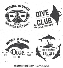 Scuba diving club. Vector illustration. Concept for shirt or logo, print, stamp or tee. Vintage typography design with diving gear silhouette.