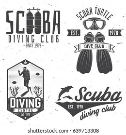 Scuba diving club. Vector illustration. Concept for shirt or logo, print, stamp or tee. Vintage typography design with diving gear silhouette.