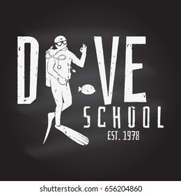 Scuba diving club. Vector illustration on the chalkboard. Concept for shirt or logo, print, stamp or tee. Vintage typography design with diver silhouette.