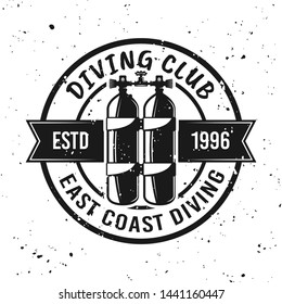 Scuba diving club vector monochrome emblem, label, badge or logo on background with removable grunge textures