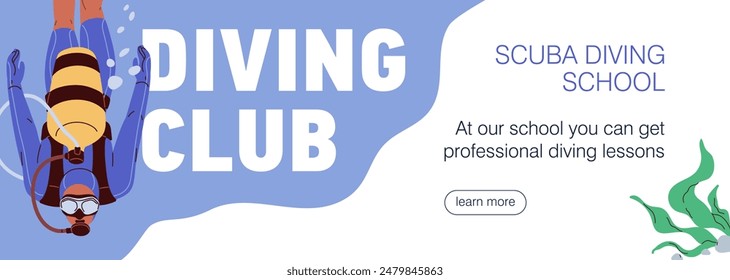 Scuba diving club, web banner design. Divers adventure, underwater marine sport school, site background. Undersea activity, website, advertising online page template. Flat vector illustration