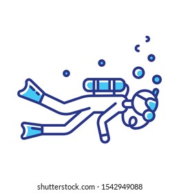 Scuba diving color icon. Watersport, extreme underwater kind of sport. Recreational outdoor activity and hobby. Risky and adventurous leisure. Snorkeling. Isolated vector illustration