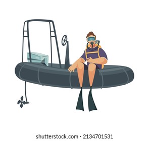 Scuba diving composition with isolated image of rubber boat with sitting character of diver vector illustration