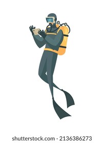 Tauchkomposition mit isoliertem männlichem Charakter des schwimmenden Tauchers in Anzug, der Gadget-Vektorgrafik hält