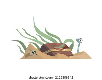 Composición del submarinismo Scuba con paisaje aislado del fondo marino y espada del cofre del tesoro con ilustración del vector del cráneo
