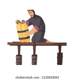 Scuba diving composition with isolated view of diver checking air containers on blank background vector illustration