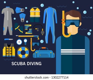 Scuba diving concept background .Flat icons