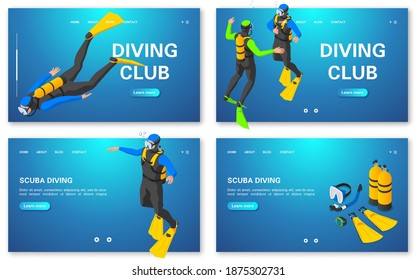 Scuba diving concept banners set. Diving training. Diving club. Vector illustration.