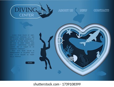 Scuba diving, deep diving and marine life cut out of paper. Vector underwater seascape, ocean wildlife reef, exotic fish, scuba diver, portuguese boat-. Home page for the diving center, for the