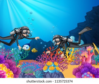 Scuba diving in deep ocean illustration