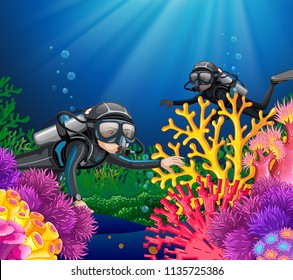 Scuba diving in deep ocean illustration