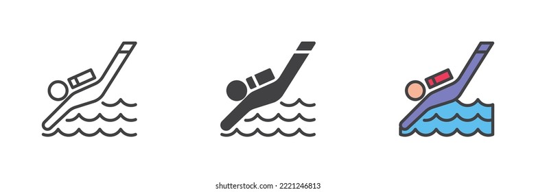 Scuba tauchen verschiedene Stil Symbol Set. Linie, Glyph und gefüllte Umrissversion, Umriss und ausgefülltes Vektorzeichen. Tauchsymbol, Logo-Abbildung. Vektorgrafik