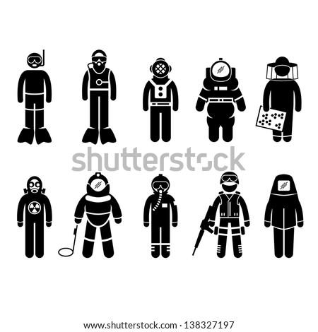 Scuba Diving Dive Deep Sea Spacesuit Biohazard Beekeeper Nuclear Bomb Airforce SWAT Volcano Protective Suit Gear Uniform Wear Stick Figure Pictogram Icon
