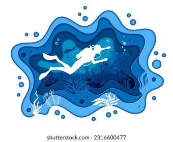 Scuba diving. Diver silhouettes and sea underwater paper cut landscape with vector fish, seaweeds, blue water waves and bubbles. 3d papercut layered frame with ocean underwater world, marine animals