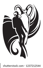 Scuba diving. diver and underwater treasures. vector image for illustration