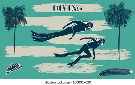 Scuba diving - divers - brush stroke style grunge - art abstract vector illustration. Travel poster. Diving club.