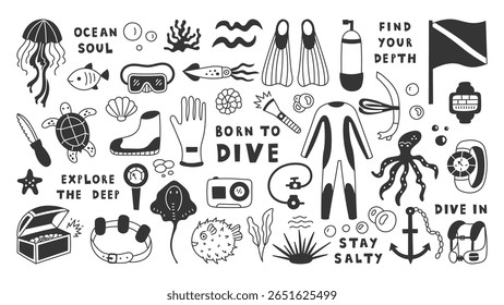 Scuba Diving Doodle Set. Hand drawn underwater gear equipment, phrases, creatures, sea life elements, animals. Sketch Icons collection. Vector illustration