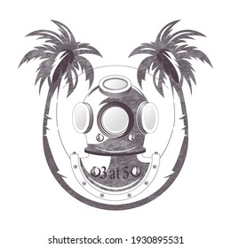 Scuba diving. Drawing in vintage style