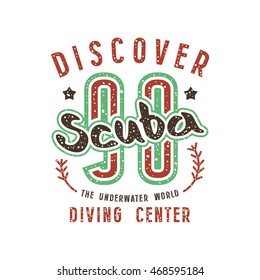 Scuba diving emblem in retro style. Graphic design for t-shirt. Color  print on white background