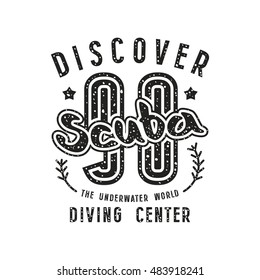 Scuba diving emblem in retro style. Graphic design for t-shirt. Black print on white background