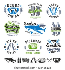 Scuba diving emblems, labels and design elements. Color print on white background