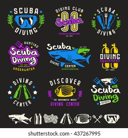 Scuba diving emblems, labels and design elements. Color print on black background