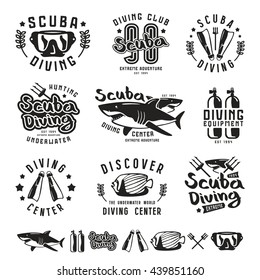 Scuba diving emblems, labels and design elements Black print on white background