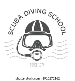 Scuba diving emblems or logo, diving mask and aqualung, underwater swimming design with face of diver