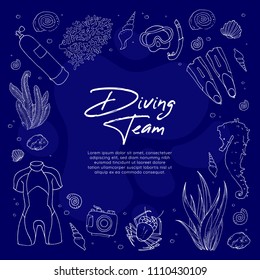 Scuba diving eqiupment card template. Under sea doodle illustration. Set of outline white icons: diving suit, mask, flippers, underwater camera, seaweed, coral, seahorse, crab on blue background. 